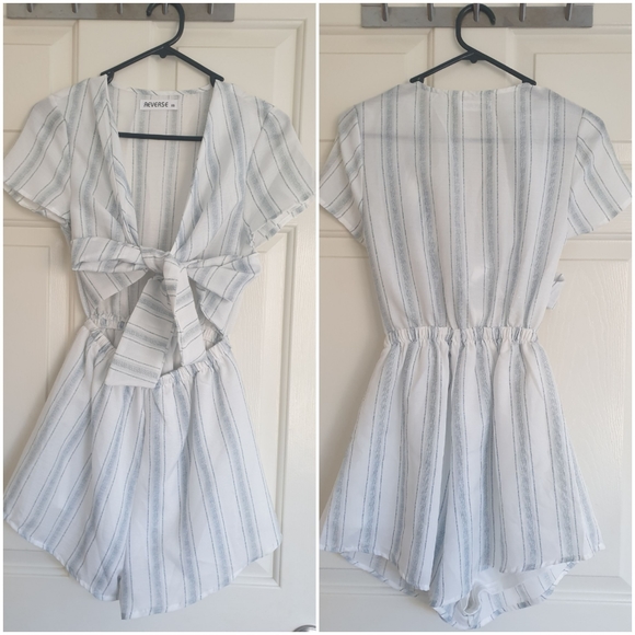 REVERSE womens size XS playsuit, light blue and white, adjustable front tie, NEW - Picture 3 of 9